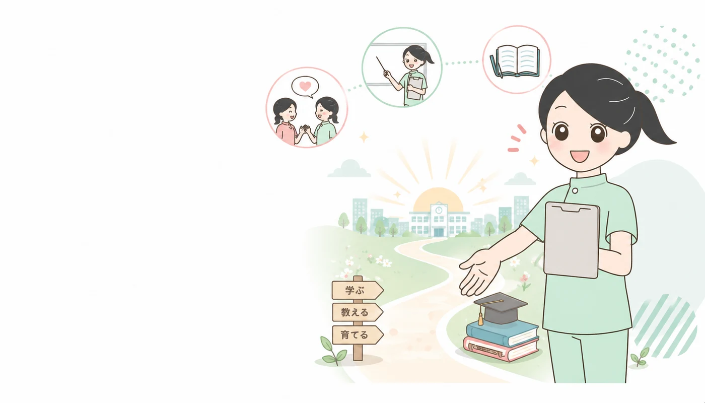 学ぶ・教える・育てる未来へ案内する看護教員のイラスト