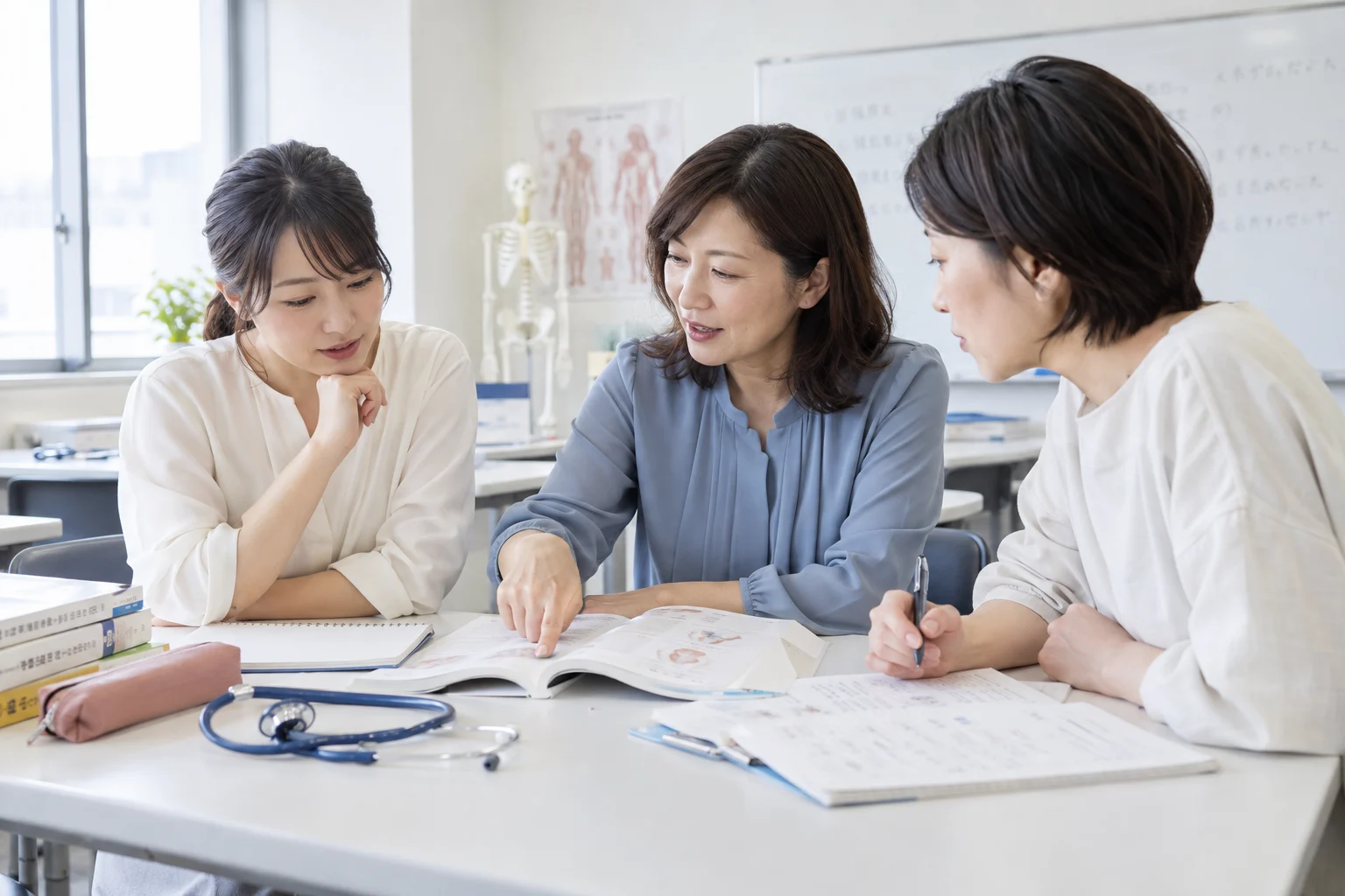 教材を囲んで学び合う教員と学習者のイメージ