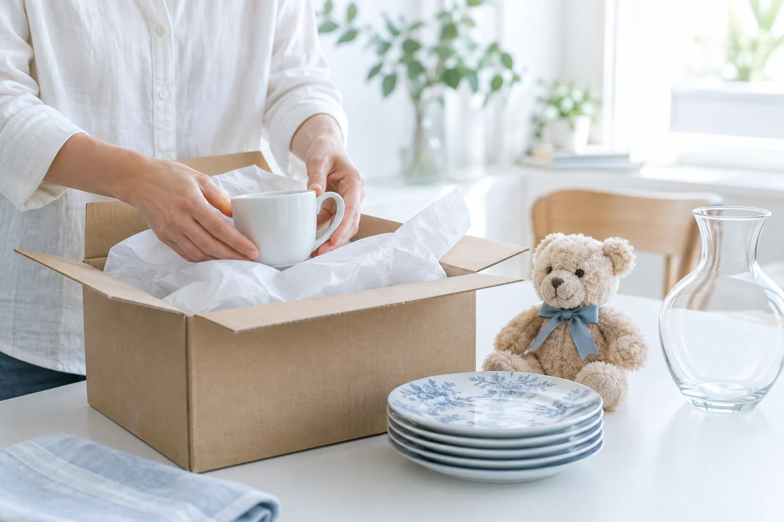 食器やぬいぐるみを次の人へ届けるため、丁寧に梱包するイメージ